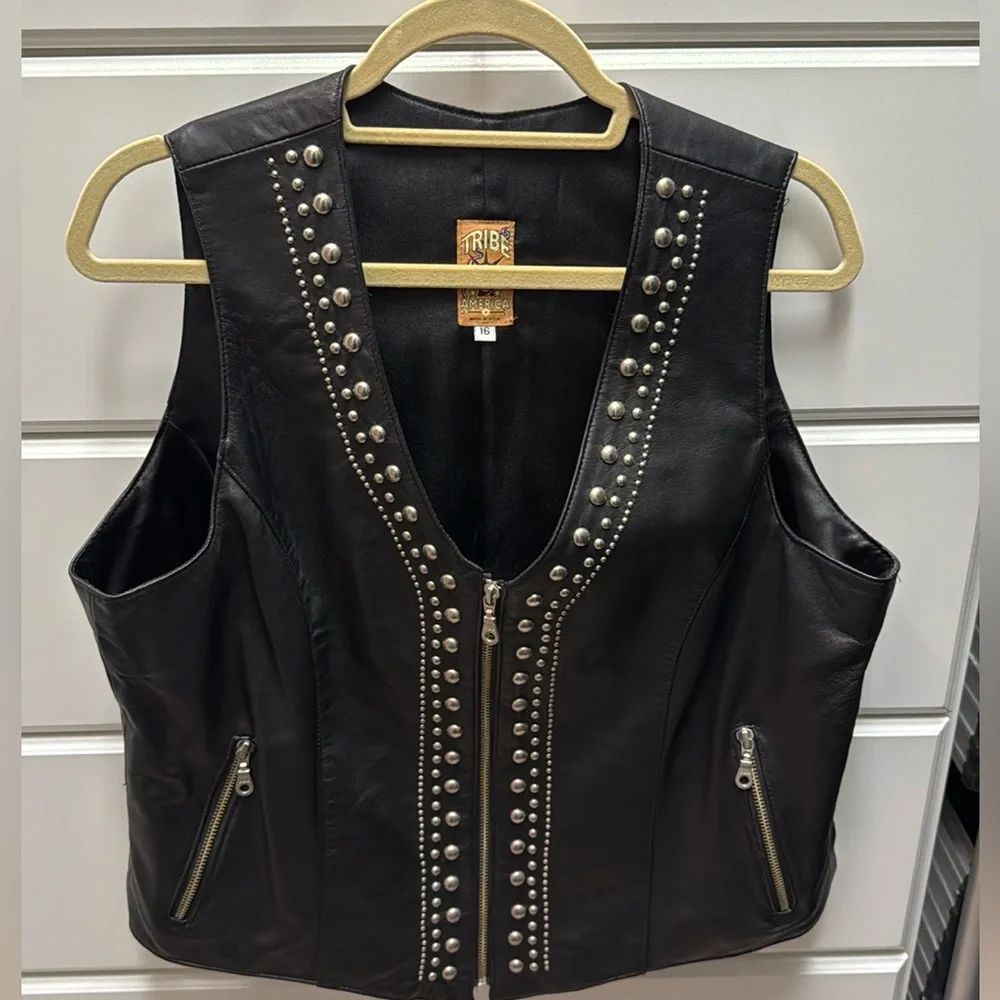 Tribe America leather and nailhead authentic moto vest - Picture 1 of 6